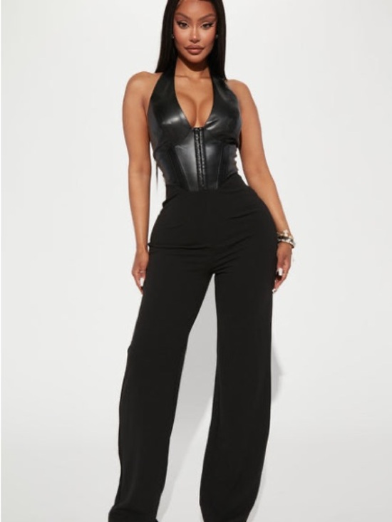 Fashion Nova Pants - Fashion Nova Black Faux-Leather Halter Corset Jumpsuit